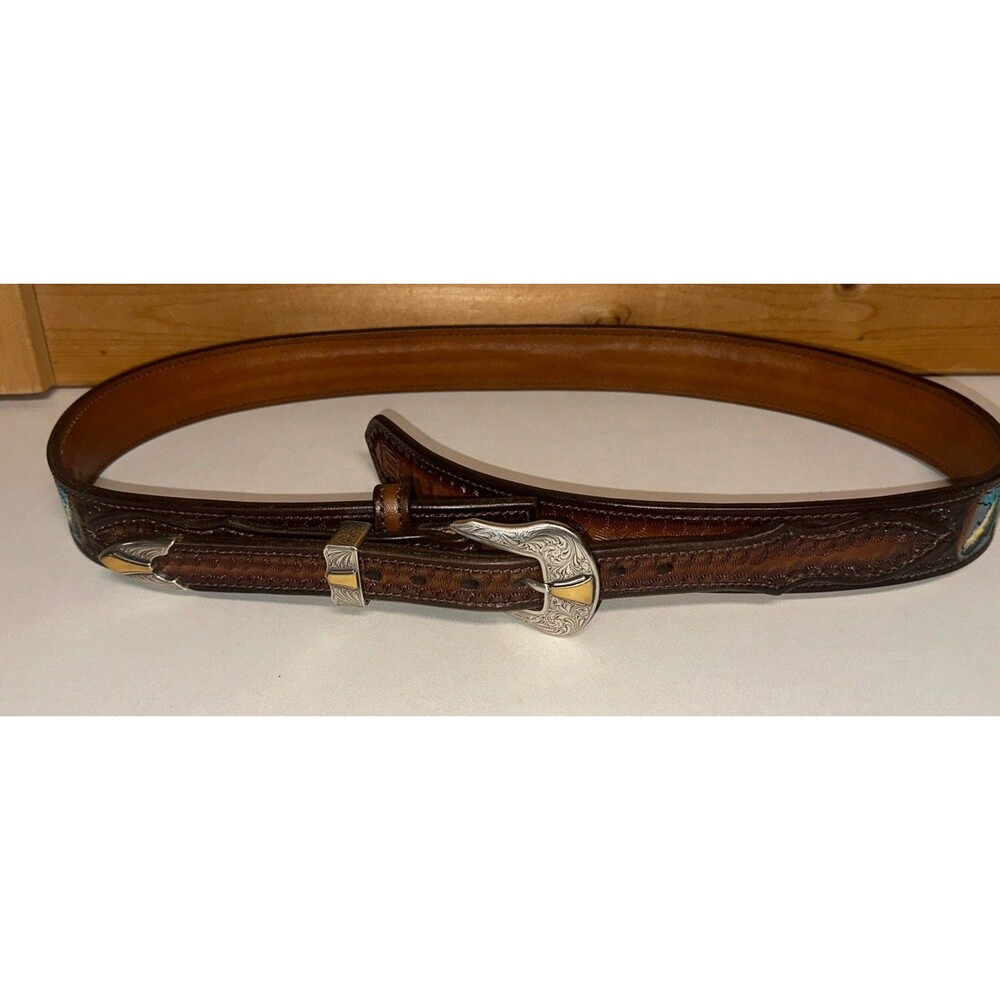 Vintage Handcrafted Belt Tooled Fish Mens 48 1996 By Chris Russell Double Tongue